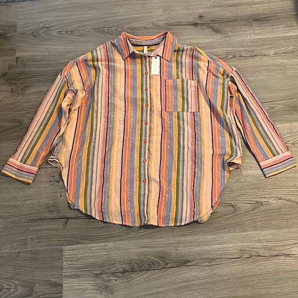 NWT. Anthropologie Long Sleeve Boyfriend Striped Shirt Button Down Multi Color - Picture 2 of 8